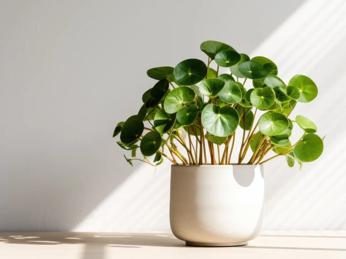 Een potplant met ronde groene bladeren staat op een lichtgekleurd oppervlak waar het zonlicht vanaf de zijkant naar binnen stroomt.