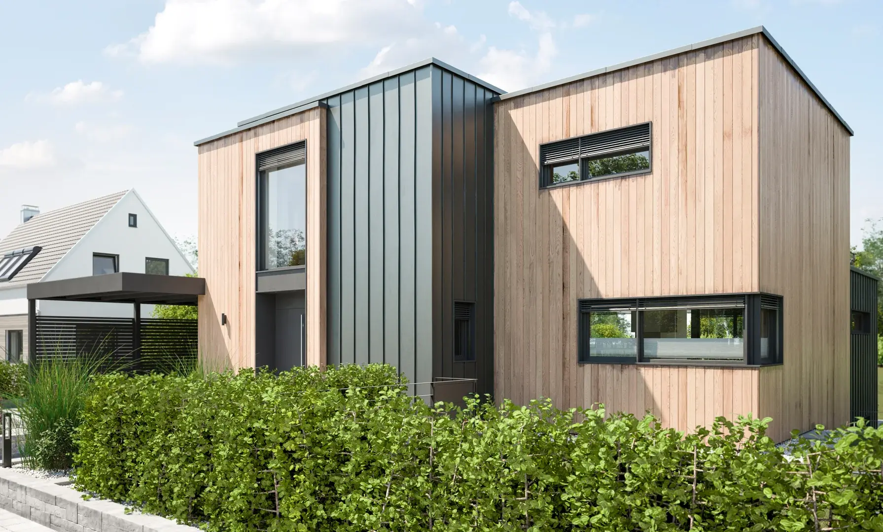 Modern huis van twee verdiepingen met een combinatie van houten en metalen buitenkant, grote ramen en netjes gesnoeide struiken op de voorgrond.