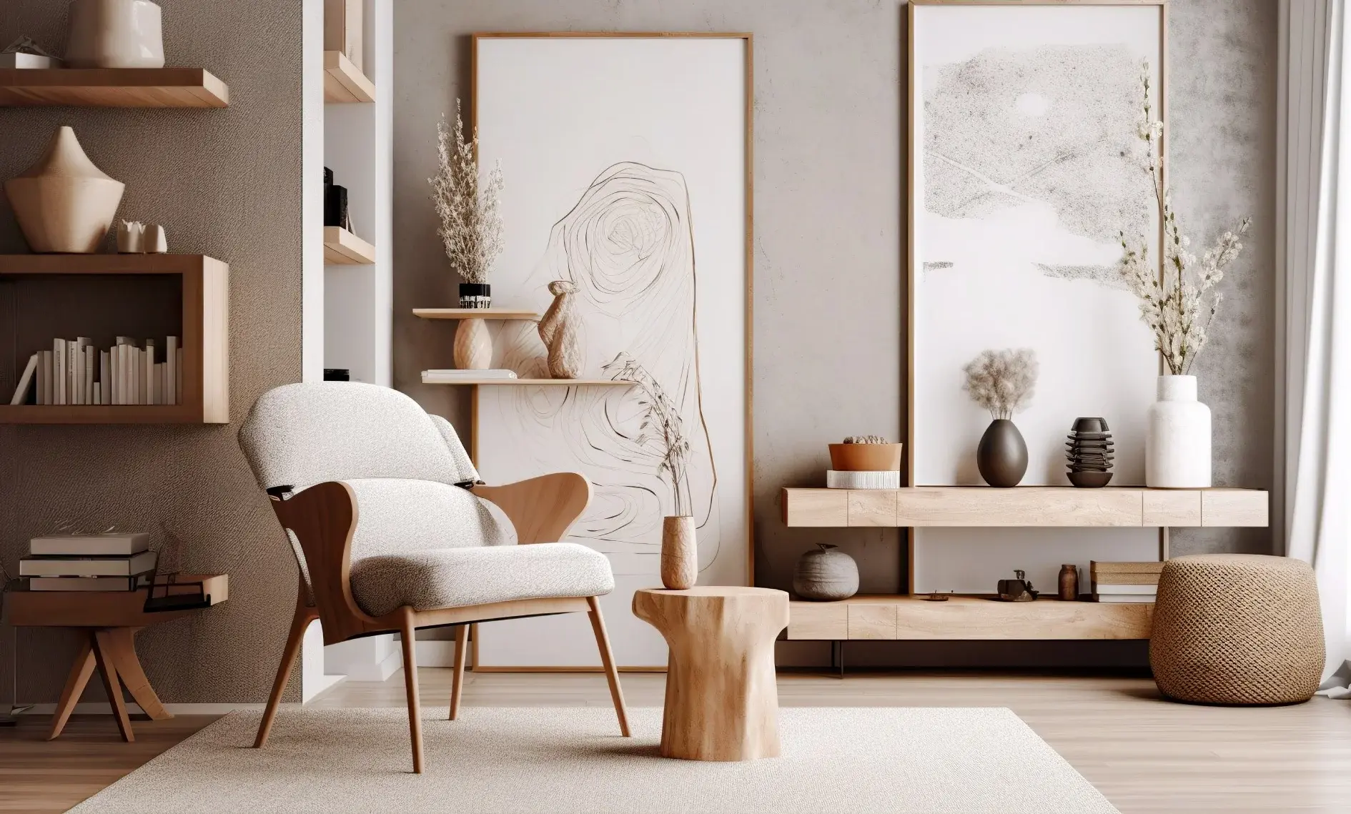 Een moderne, minimalistische woonkamer met een beige fauteuil, houten kruk, abstracte kunst aan de muur, planken met decoritems en netjes gerangschikte planten. De kamer combineert neutrale tinten en natuurlijke materialen.