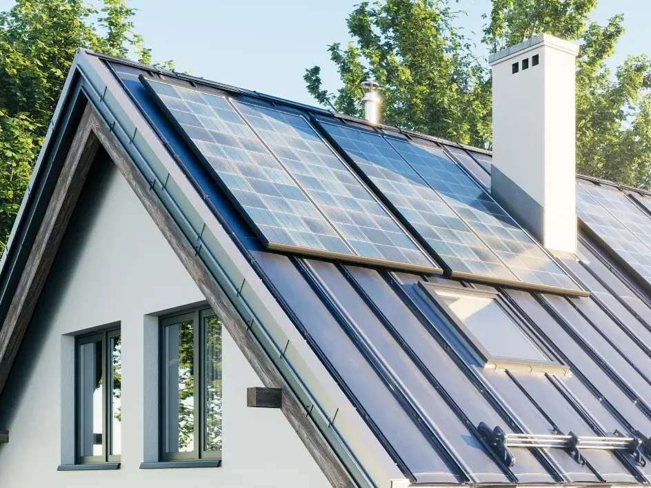 Een modern wit huis met zonnepanelen geïnstalleerd op een metalen dak. Op de achtergrond zijn bomen zichtbaar.