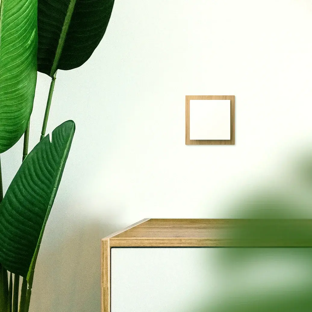 Een minimalistisch interieur met links een groene potplant, rechts een houten bijzettafeltje en een klein vierkant frame op de witte muur.