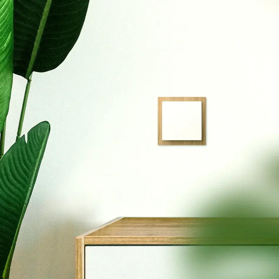 Een minimalistische kamerhoek bestaat uit een hoge groene plant, een houten meubelhoek en een klein vierkant kunstwerk met een houten frame. De setting is eenvoudig en modern.