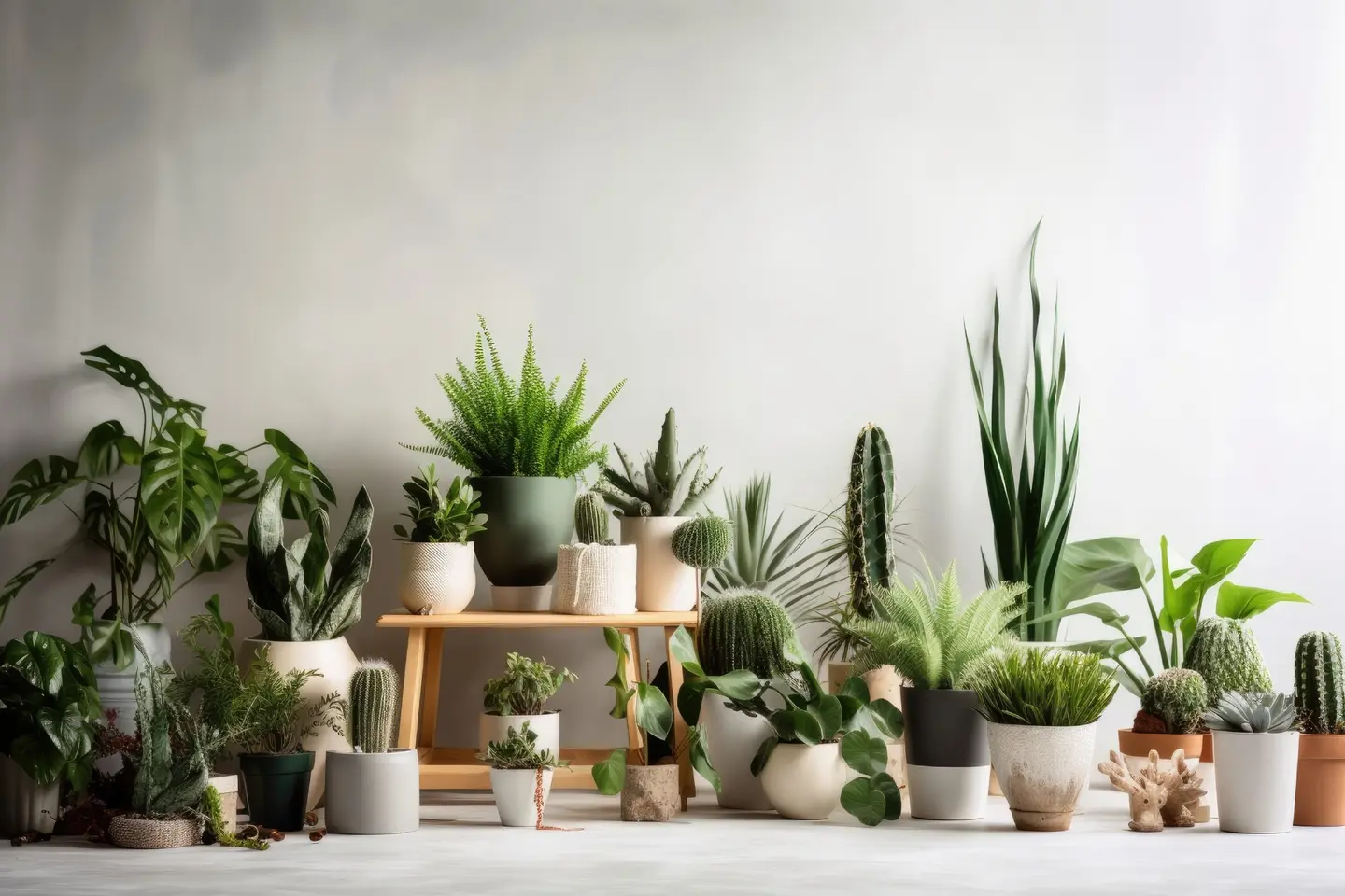 Een verscheidenheid aan potplanten, waaronder vetplanten en cactussen, gerangschikt op een houten standaard met twee niveaus en de vloer tegen een effen witte muur.