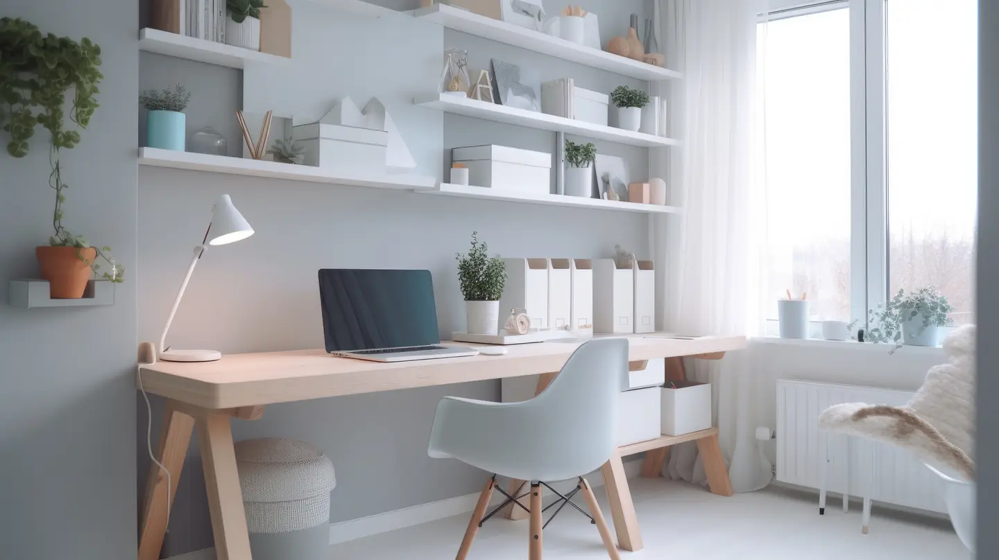 Modern thuiskantoor met een houten bureau, laptop, planken met boeken en planten, een witte stoel en een raam dat natuurlijk licht binnenlaat.