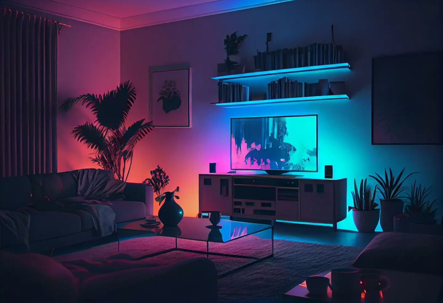 Een moderne woonkamer verlicht door blauwe en paarse LED-verlichting, met een tv op een standaard, een glazen salontafel, een bank versierd met Viva Magenta kussens, potplanten en planken met boeken en decoraties. Deze stijlvolle 2024-opstelling toont de perfecte mix van comfort en eigentijds design.