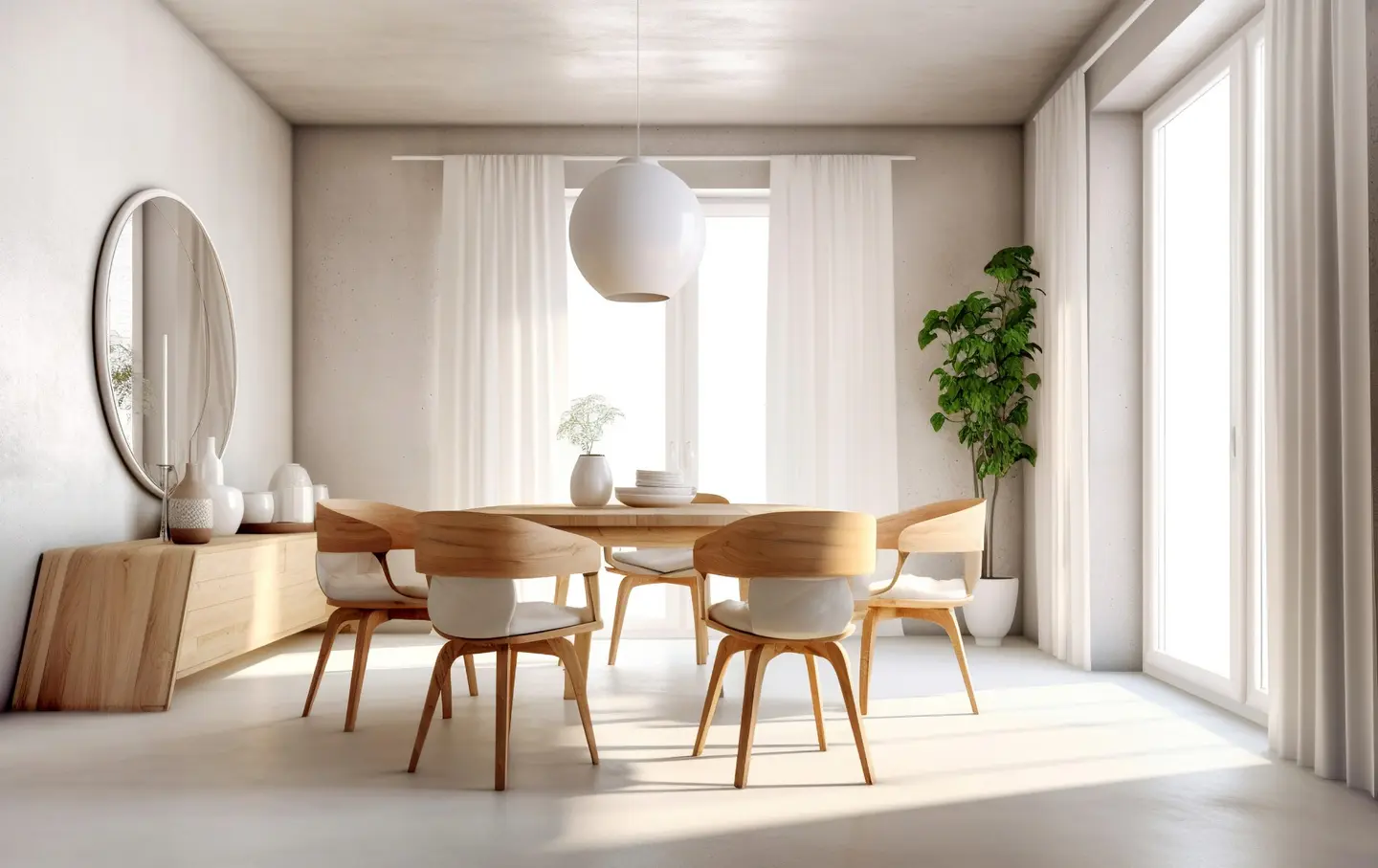 Een minimalistische eetkamer met een ronde houten tafel, zes stoelen, een grote spiegel, een potplant en een hangende lamp, badend in natuurlijk licht door een groot raam met witte gordijnen.