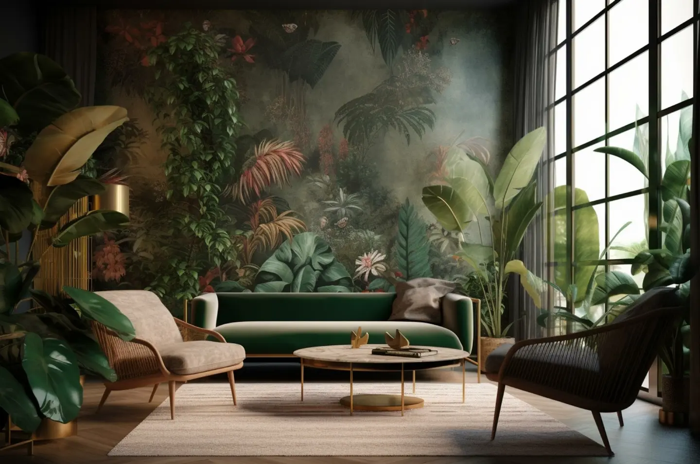 Een woonkamer met een muurschildering in jungle-thema, een groene bank, twee fauteuils, een ronde salontafel en grote kamerhoge ramen. Kamerplanten worden rond de ruimte geplaatst.