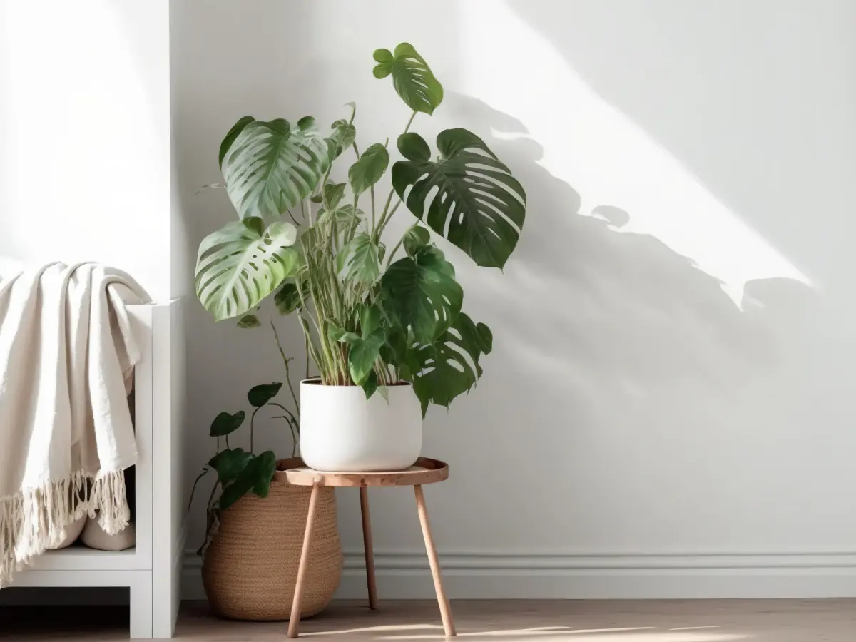 Een monsteraplant in pot staat op een houten standaard en werpt een schaduw op een witte muur. Naast een witte bank staan een geweven mand en een beige deken.